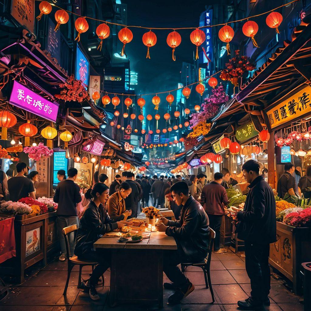 A vibrant scene depicting a bustling Asian street market where couples are engaging in playful betting games, surrounded by stalls full of colorful flowers and traditional crafts. In the background, neon lights and Asian architecture create a romantic ambiance. The couples are laughing, showing emotional expressions, with chips and cards scattered on a table, symbolizing the blend of romance and gaming. Emphasize warmth and joy. vibrant colors. cyberpunk style.