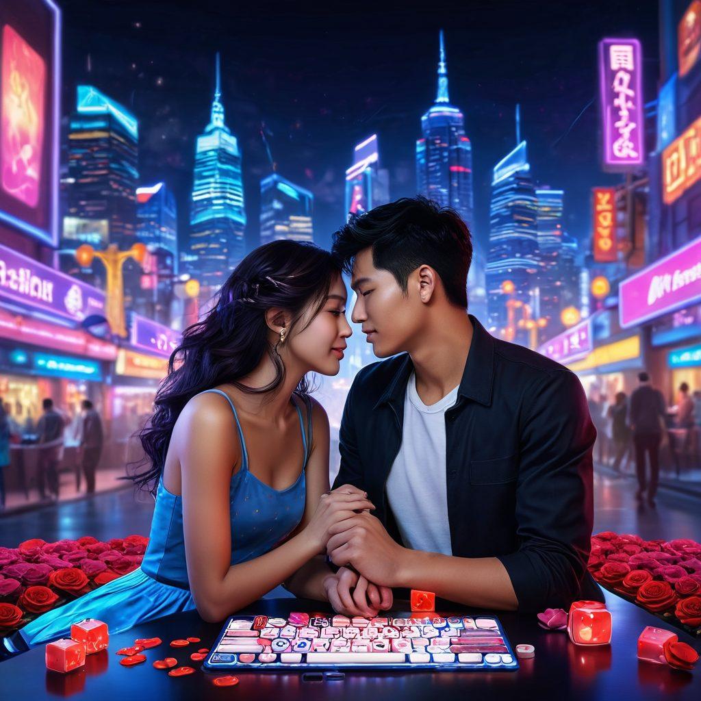 A vibrant scene depicting a romantic couple immersed in an online gaming environment, surrounded by symbols of love like hearts and roses intertwined with gaming elements like dice and chips. The backdrop showcases iconic Asian city skylines illuminated by neon lights, blending the worlds of romance and gaming. The couple is playfully interacting with each other while engaged in a multiplayer game, exuding joy and excitement. super-realistic. vibrant colors. neon lights.
