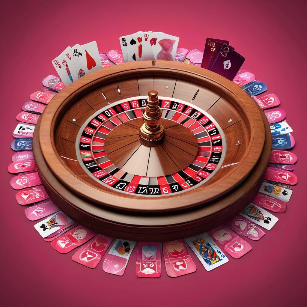 A heart-shaped roulette wheel surrounded by colorful casino chips and playing cards, all infused with vibrant red and pink hues to evoke love and passion. Include silhouettes of couples joyfully interacting with touchscreen betting devices. In the background, a dreamy digital landscape showcasing a fusion of gaming and romance. super-realistic. vibrant colors. 3D.